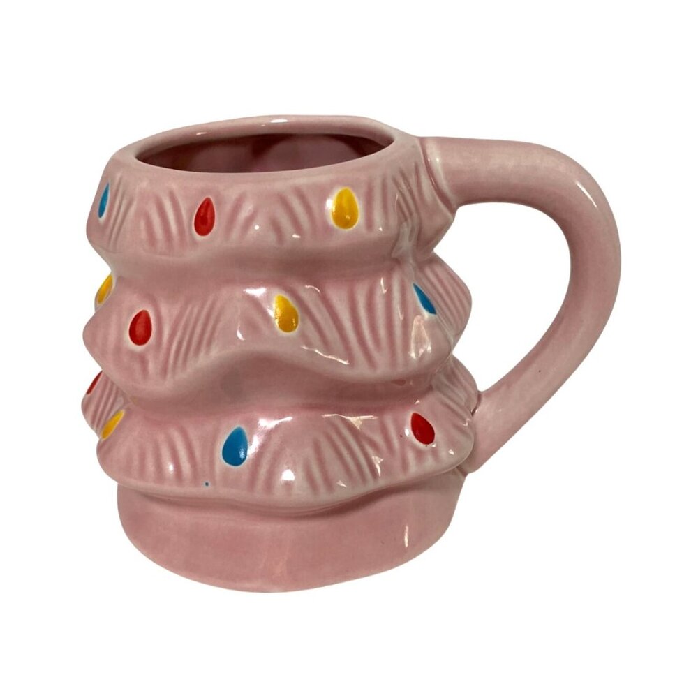 Merry Moments ALDI Coffee Cup Mug Christmas Tree Pink Ceramic 13.5 oz